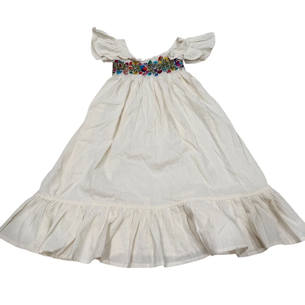 Girls White Floral Embroidered Smocked Ruffle Flutter Sleeve Dress Size 10